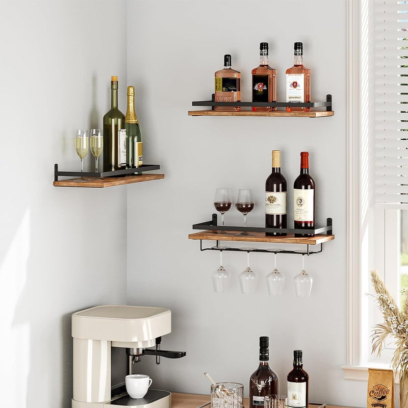HOOBRO Wall Mounted Wine Rack 3 Pack, Wine Shelf Hanging Floating Wall Shelves, Wine Glass Bottle Rack Stemware Holder, for Living Room, Dining Room, Kitchen, Rustic Brown and Black BF34BJ01 - Image 1